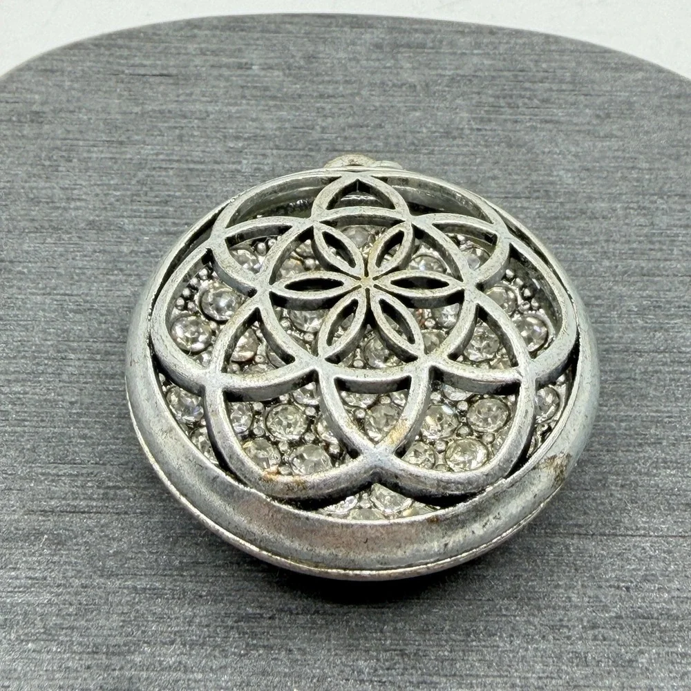 Silver Tone Rhinestone Flower of Life Pendant Sacred Geometry Statement Gift